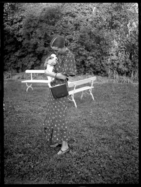 Young Woman with Chien Puppy - Antique Photo Negative Year. 1930