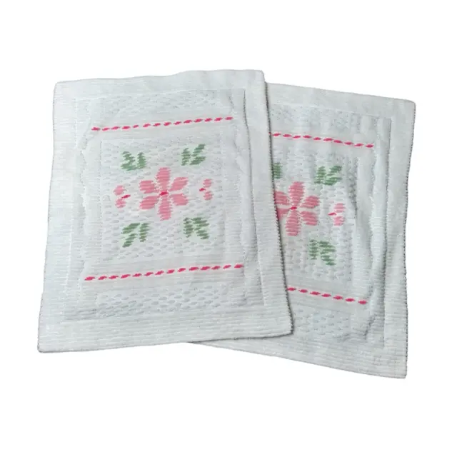 Vintage White Chenille Pillow Cases with Pink Flowers Cottage 2- Standard size