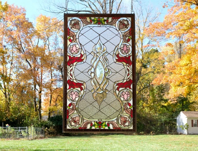20.5"W x 34.75"H Handcrafted Jeweled stained glass window panel.