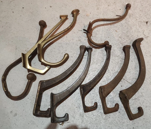 lot of 9 BIG antique double coat,wall hooks,various styles,rustic Barn-find **