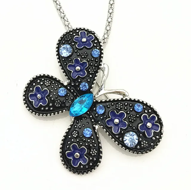 Betsey Johnson Black Enamel Crystal Flower Butterfly Pendant Necklace/Brooch