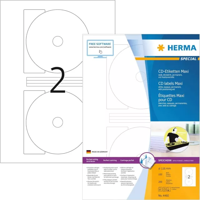 HERMA 4460 CD DVD Etiketten 100 Blatt, Ø 116 mm, 200 Stück, selbstklebend, bedru