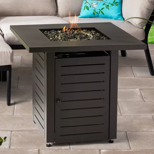 28" Square 50000 BTU Propane Gas Fire Pit Table with Lava Rocks Metal Lid Garden