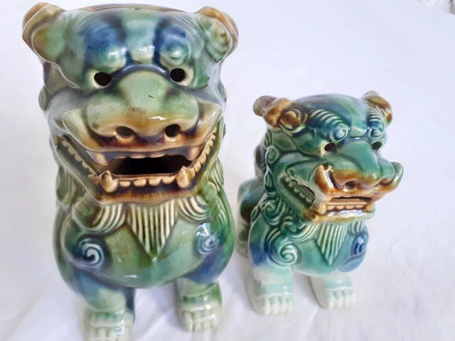 2 Vintage antique? Chinese ceramic Fu Foo green dogs