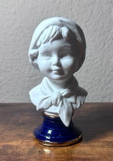 Capodemonte Pair Porcelain Bisque Busts of Girl & Boy Cobalt Gold Base