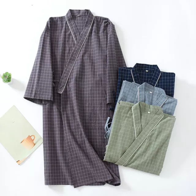 Uomo Kimono Accappatoio Giapponese Pigiama Yukata Casa Lounge Cotone Plaid