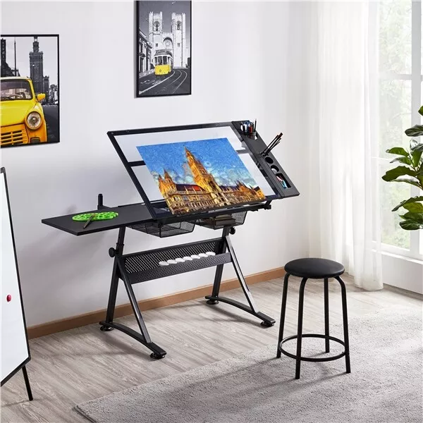 Glass Drafting Table Adjustable Desk, Tilting Drawing Table w/ Stool 2 Drawers