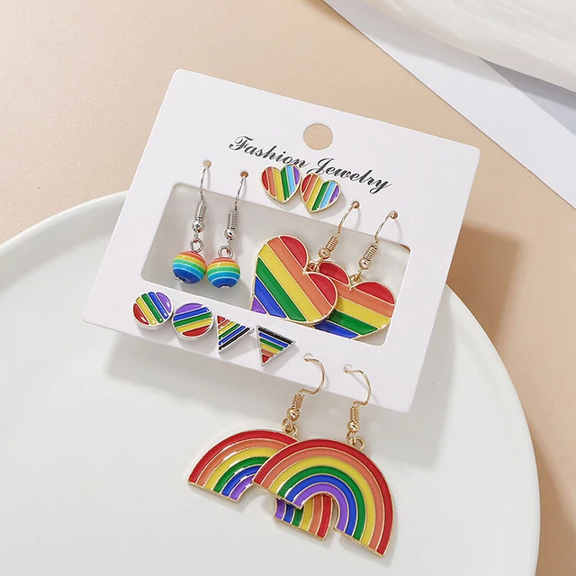 1Set Creative Rainbow Dangle Earrings Light Luxury Alloy Drip Oil Heart Ear Stud