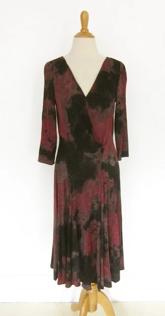 Elana Kattan Paisley Tie Dye Faux Wrap Dress M 3/4 Sleeve Flared Red/Gray