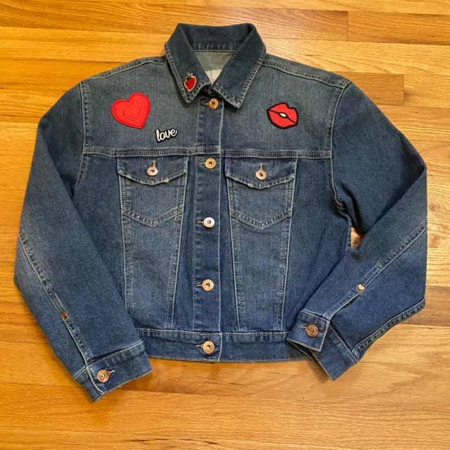 Candies Cropped Denim Jean Jacket Sz XS Patches Pockets Button Lightly Distress