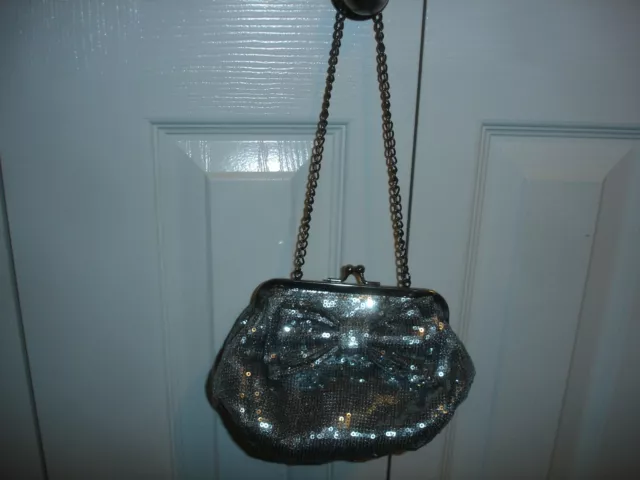 Betsy Johnson Small Silver Sequin Bow Evening Handbag / Purse