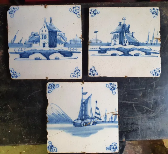 3 x Vintage 19th Century Pottery Blue & White Delft ? Tile - House + Sail Boat