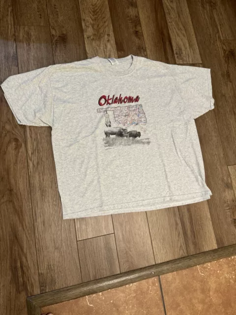 Vintage Oklahoma Native Buffalo State Map Grey Shirt Size 2X