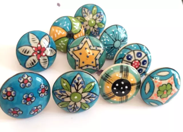 BLUE KNOBS - Set of 10 Ceramic Drawer Pulls each with Different Design 3