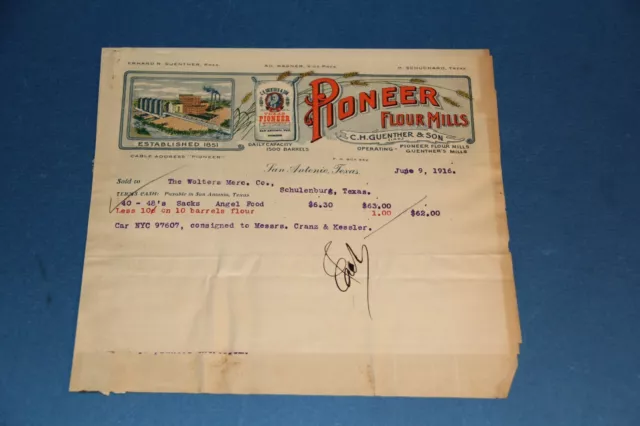 Texas Letter Head Bill Receipt Pioneer Flour Mills Guenther & Sons S.a. Tex.1916