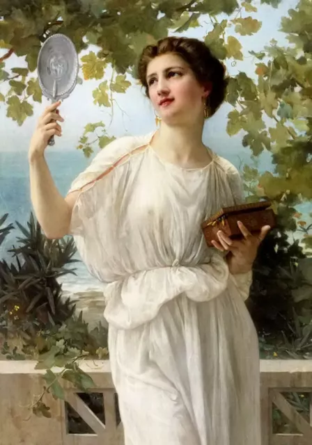 Oil painting Guillaume Seignac - admiring beauty young girl & mirror landscape