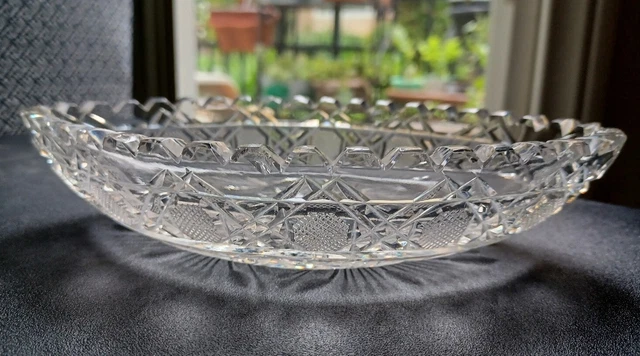 Vintage Clear Etched Glass Relish Candy Dish Scalloped Edge Starburst Pattern