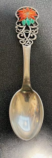A. Michelsen 1925 Danish Enameled Poinsettia Christmas Sterling Spoon