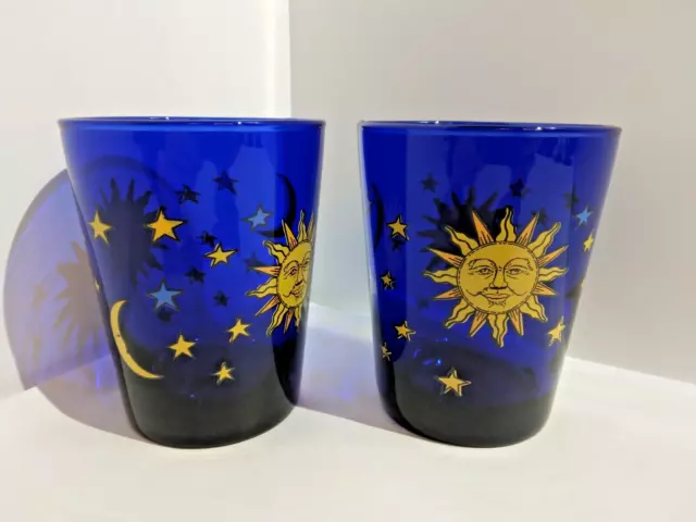 2 Vintage Libbey Cobalt Blue Celestial Sun Moon Stars Glasses Tumblers-NICE!🌙⭐️