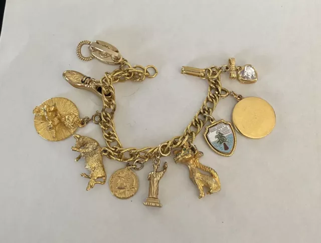 Vintage Gold Tone Charm Bracelet w/10 Charms! Cat, Phone, Blank Disc, Rhinestone