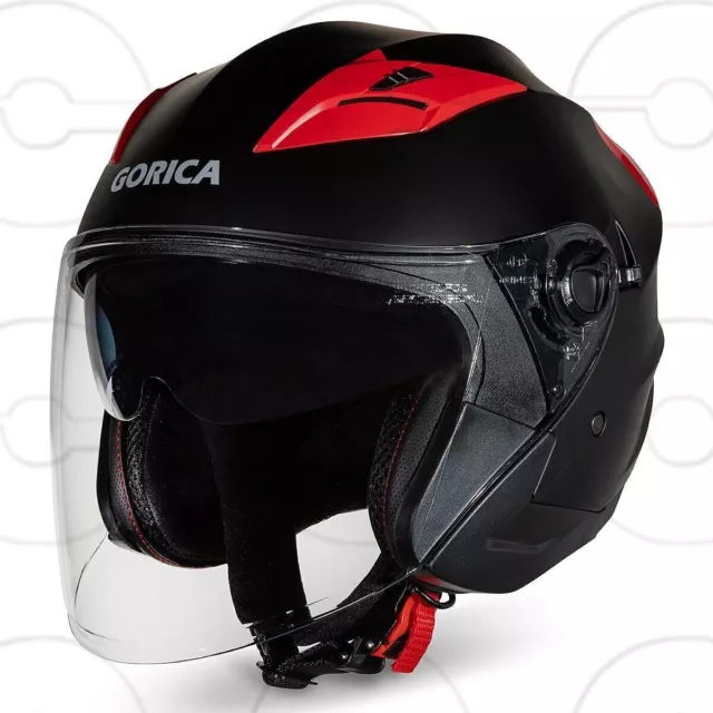 GORICA Air Casque Jet Moto Scooter Approuvé Double Visière Noir Mat Rouge