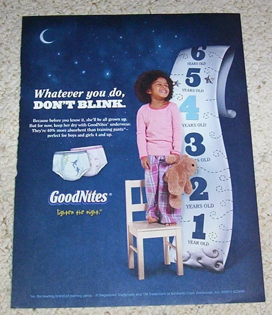 2011 PRINT AD PAGE Goodnites bedwetting diaper underpants cute little