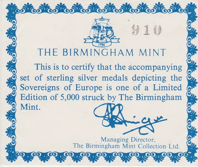 The Birmingham Mint Sovereigns Of Europe Sterling Silver Bar + Certificate. 3