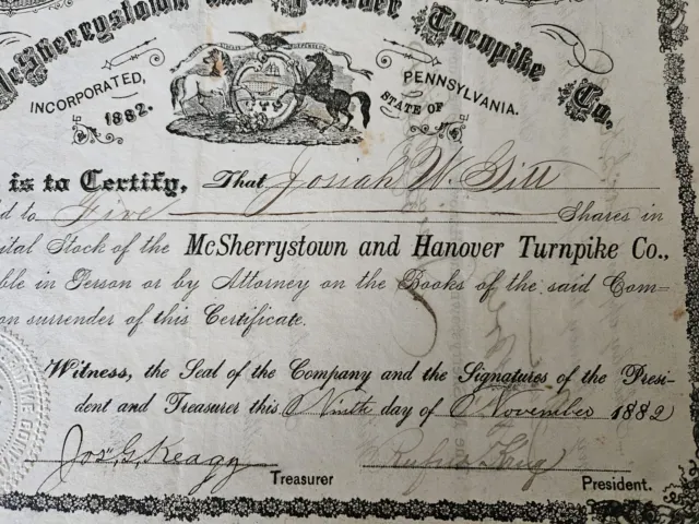 McSHERRYSTOWN & HANOVER TURNPIKE Co. STOCK CERTIFICATE 1882 - # 36 Adams County 3