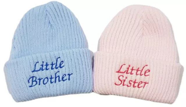 Baby newborn hat knitted beanie embroidered Little Brother Little Sister