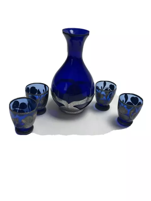 Vintage Farber Bros Blue Cobalt Chrome Decanter Four Shot Glasses