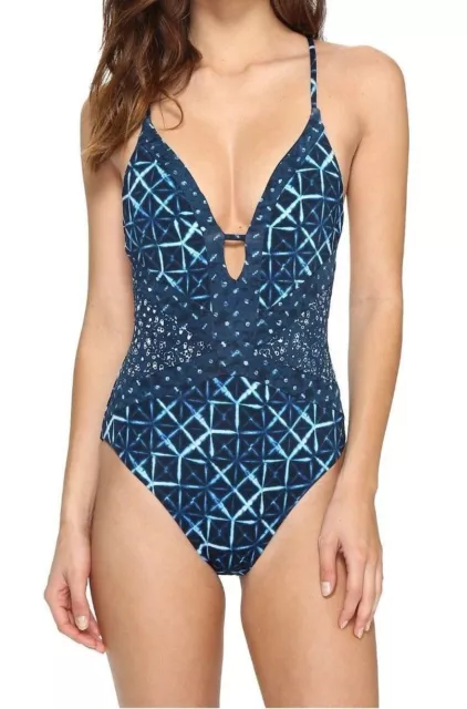 Lucky Brand Junior's Shibori Patchwork High Leg Plunge One Piece Swimsuit, L