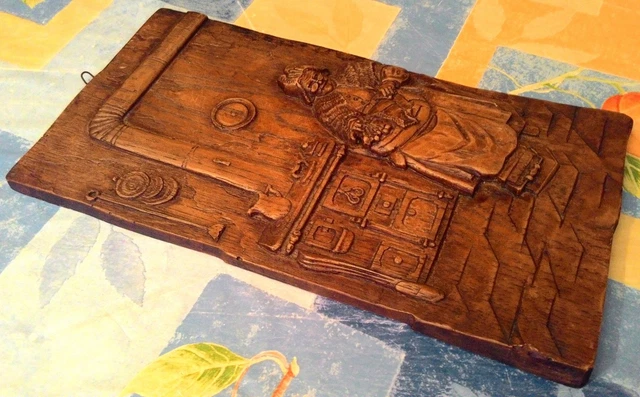 Antiguo Cuadro En Relieve Tallado A Mano Con Bonita Escena Rústica 2
