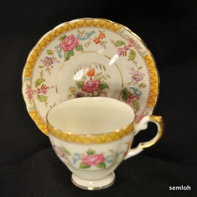 Plant Tuscan Footed Demitasse Scalloped Cup Saucer Pink Blue w/Gold 1936-1940's