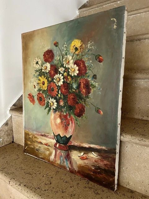 Nature morte, Vase de fleurs, Vase de roses, Huile sur toile, 20e siècle - En ve
