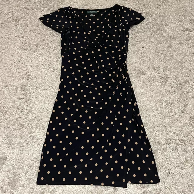 Vintage Lauren Ralph Lauren Black Tan Polka Dot Ruched Midi Dress Womens sz 10