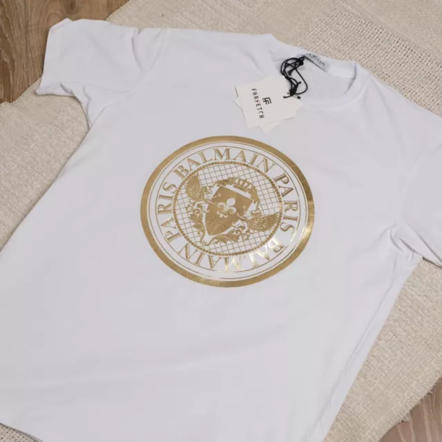 NWT Mens White Balmain Paris T Shirt  Gold Logo print Size S-M-L-XL-XXL