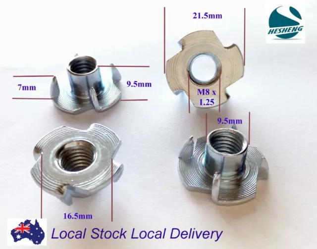 Qty 10 M8 8mm Zinc Plated Steel 4 Prong T  Nut Tee Blind Timber Wood Insert Nuts