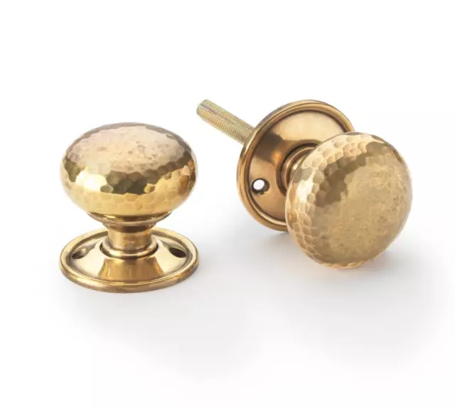 Large Solid Aged Brass Hammered Cottage Door Knob Pair Rim Mortice Knobs Set