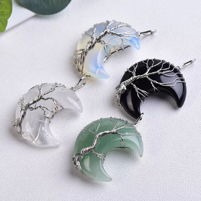 Natural Healing Crystal Quartz Wire Wrap Crescent Moon Gem Pendant
