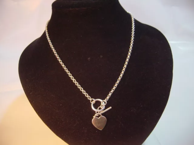 Superb Vintage Solid Silver-18" Open Link Chain & Dangly Heart & T-Bar Clasp