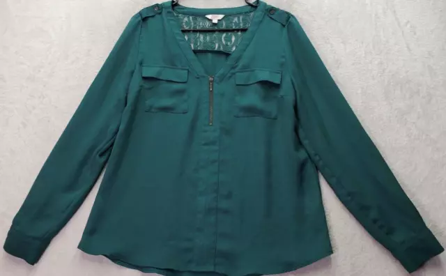 Candie’s Blouse Top Women's Large Green Lace Polyester Long Sleeve V Neck Zip Up