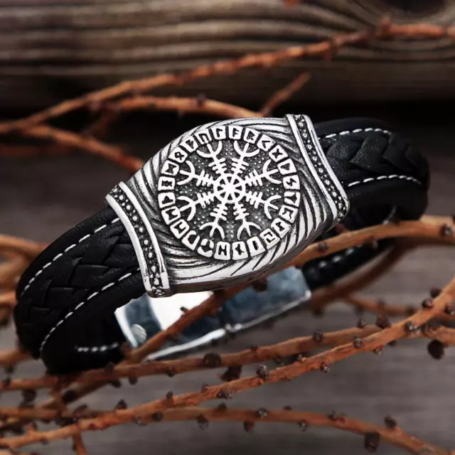 Viking Compass Bracelet Men's Stainless Steel Leather Rope Nordic Rune Amulet