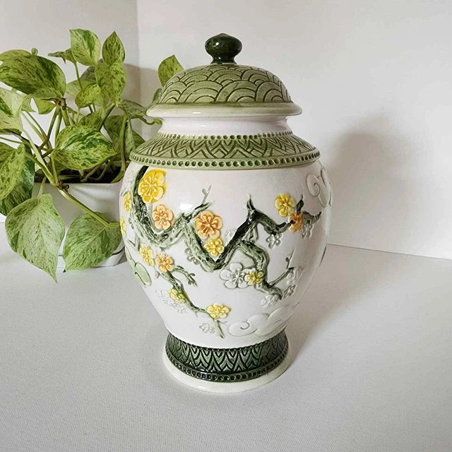 Vtg Inarco Japan Green Yellow Orange Blossom Flower Lidded Pot Urn Ginger Jar