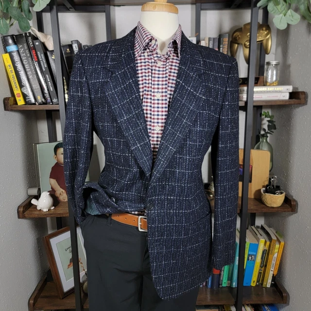 VTG Pierre Cardin Men's Tweed Sport Coat Blazer Two Button Black Blue Plaid 43R