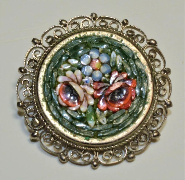 Broche Vintage En Micro-mosaïque Ronde - Diamètre 2,3 Cm - Occasion En Bon état