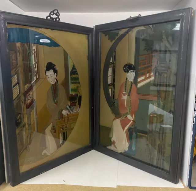 Vintage Chinese Geisha Girl Reverse Glass Painting set of 2