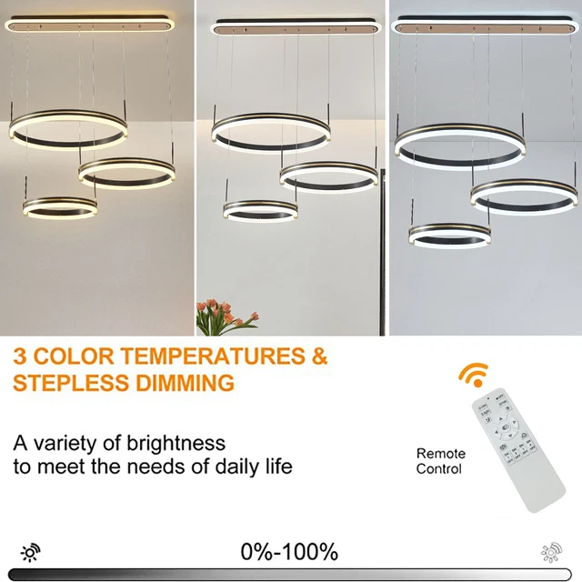 LED Chandelier Dimmable Ceiling Light 3 Rings Pendant Light with Remote Control