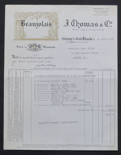 Facture SOLOGNY LA CROIX BLANCHE 1937 THOMAS BEAUJOLAIS illustrée 91