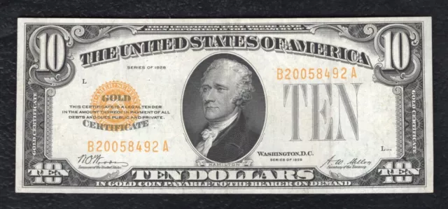 Fr. 2400 1928 $10 Ten Dollars Gold Certificate Note “Scarce B-A Block” Vf+
