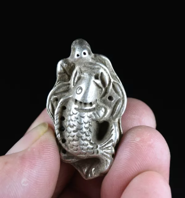 4CM Old Chinese Miao Silver Feng Shui Lotus Flower Fish Lucky Statue